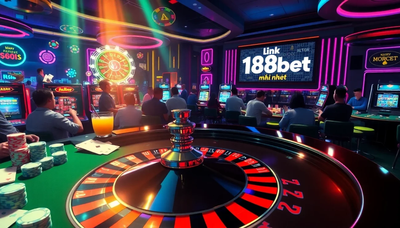 Exciting game at a casino featuring roulette with link 188bet mới nhất prominently shown on a monitor.
